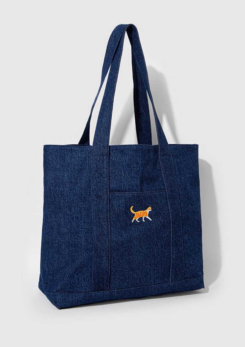 Mavi Kedi Nakışlı Denim Kadın Omuz Çantası 1913283-10241 - 4