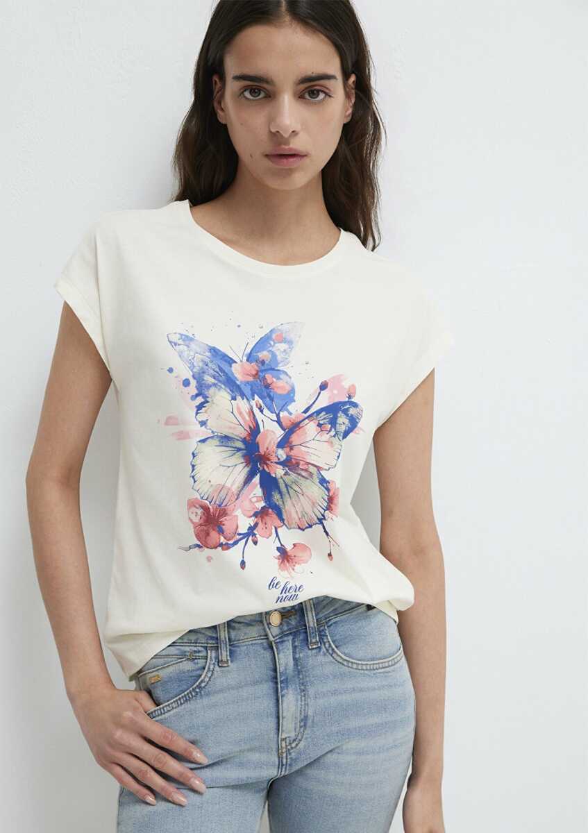 Mavi Kelebek Baskılı Ekru Regular Fit Kadın Tişört 1613718-80194 - 1