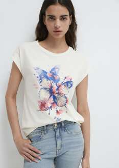 Mavi Kelebek Baskılı Ekru Regular Fit Kadın Tişört 1613718-80194