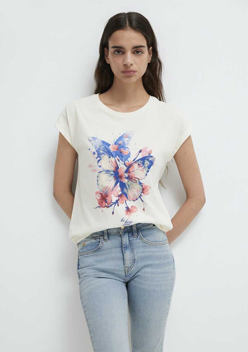 Mavi Kelebek Baskılı Ekru Regular Fit Kadın Tişört 1613718-80194 - 2