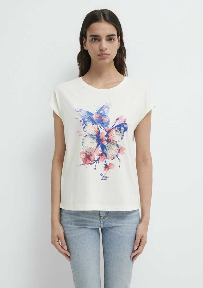 Mavi Kelebek Baskılı Ekru Regular Fit Kadın Tişört 1613718-80194 - 3