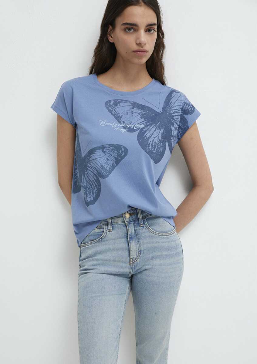Mavi Kelebek Baskılı Mavi Regular Fit Kadın Tişört 1613717-70728