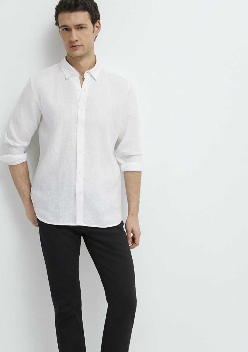 Mavi Keten Karışımlı Beyaz Regular Fit Erkek Gömlek 0211909-620
