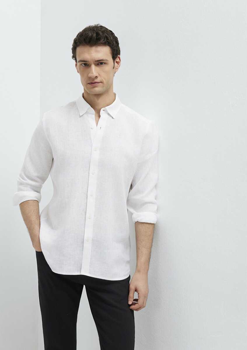 Mavi Keten Karışımlı Beyaz Regular Fit Erkek Gömlek 0211909-620 (1)