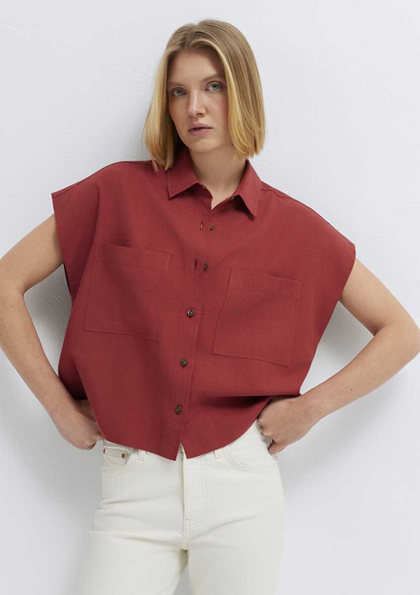 Mavi Keten Karışımlı Cep Detaylı Kırmızı Loose Fit Kadın Gömlek 1211090-91507