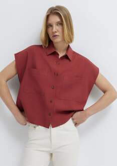 Mavi Keten Karışımlı Cep Detaylı Kırmızı Loose Fit Kadın Gömlek 1211090-91507 