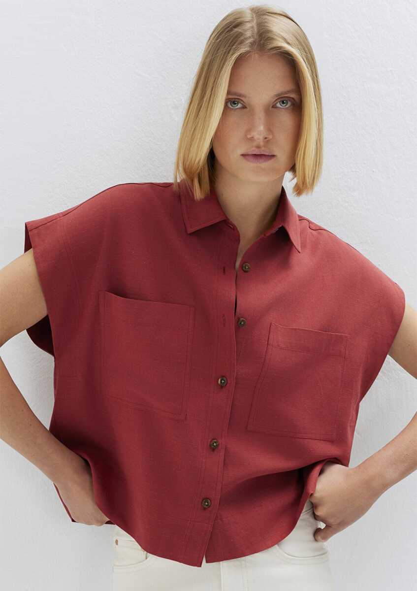 Mavi Keten Karışımlı Cep Detaylı Kırmızı Loose Fit Kadın Gömlek 1211090-91507 (1)