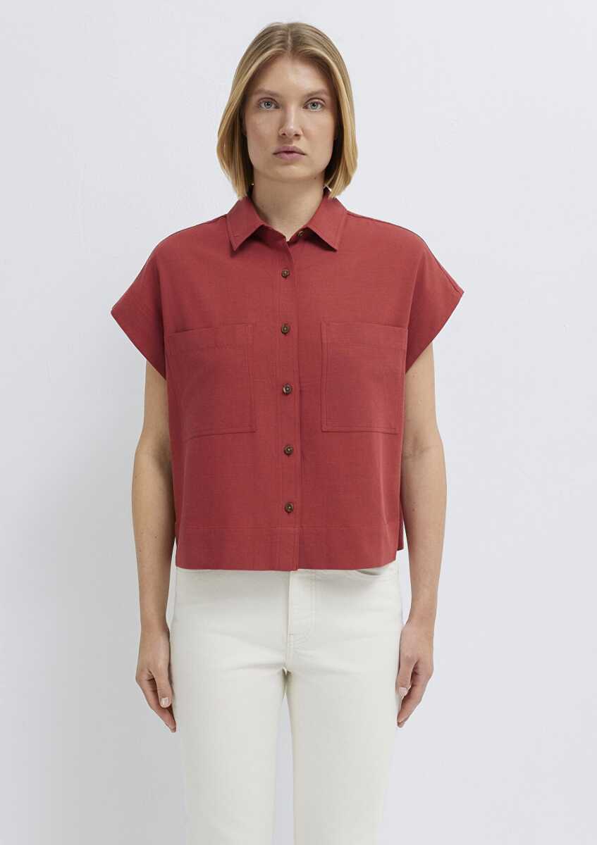 Mavi Keten Karışımlı Cep Detaylı Kırmızı Loose Fit Kadın Gömlek 1211090-91507 - 3