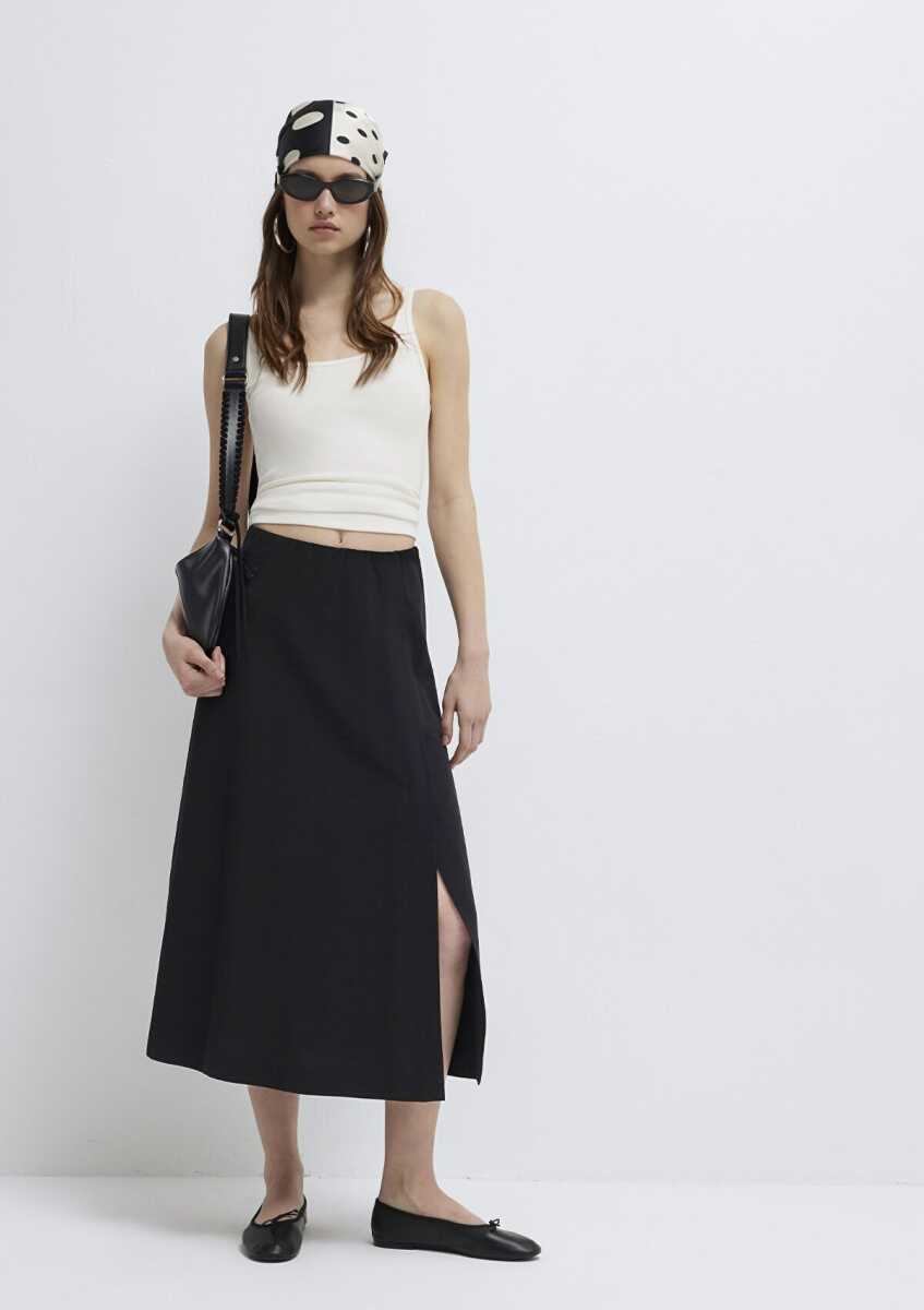 Mavi Keten Karışımlı Siyah Midi Loose Fit Kadın Etek 1310849-900
