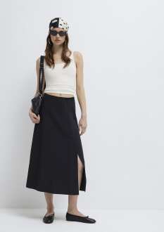 Mavi Keten Karışımlı Siyah Midi Loose Fit Kadın Etek 1310849-900