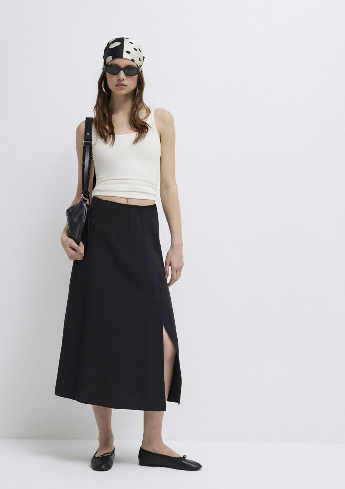 Mavi Keten Karışımlı Siyah Midi Loose Fit Kadın Etek 1310849-900