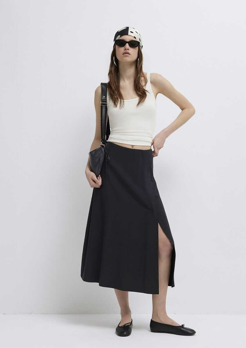 Mavi Keten Karışımlı Siyah Midi Loose Fit Kadın Etek 1310849-900 (1)