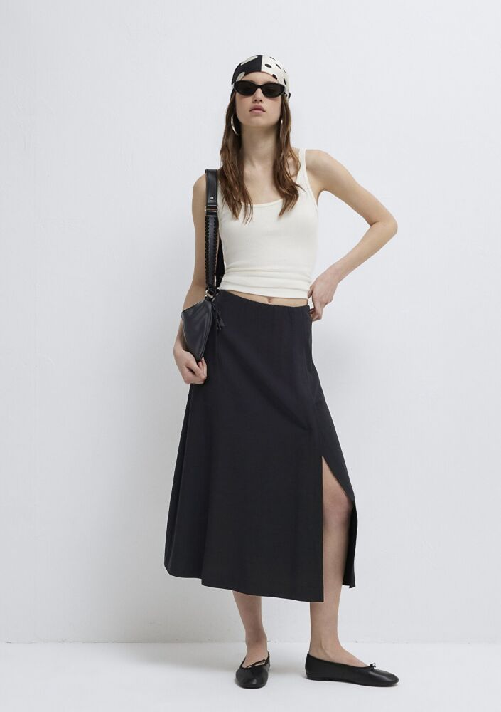 Mavi Keten Karışımlı Siyah Midi Loose Fit Kadın Etek 1310849-900 (1)