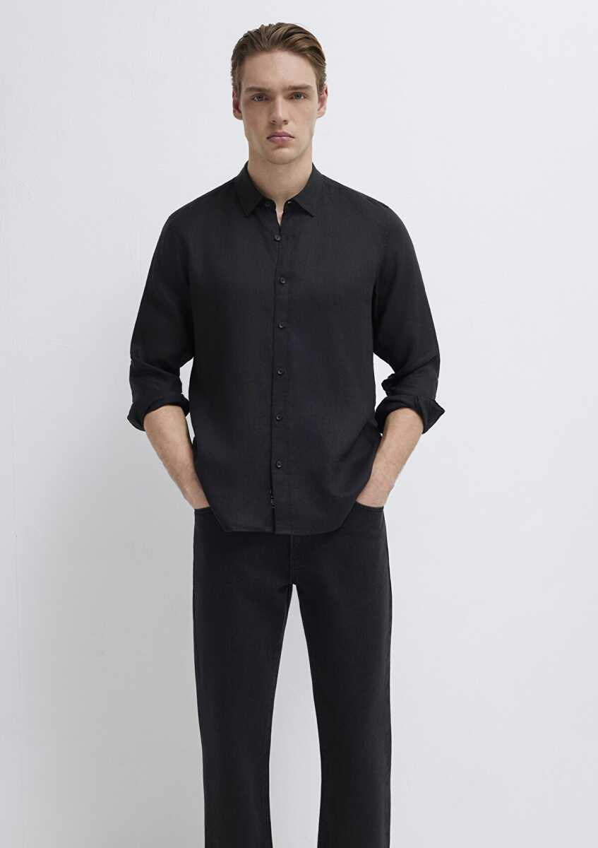 Mavi Keten Karışımlı Siyah Regular Fit Erkek Gömlek 0211909-900