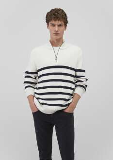 Mavi Kırık Beyaz Çizgili Fermuarlı Erkek Kazak 0710131-70057