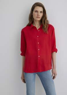 Mavi Kırmızı Loose Fit Bol Rahat Kesim Kadın Keten Gömlek 1210747-80791