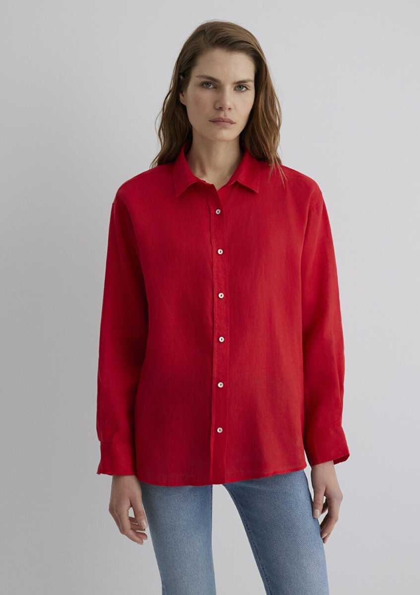 Mavi Kırmızı Loose Fit Bol Rahat Kesim Kadın Keten Gömlek 1210747-80791 - 3