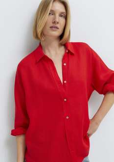 Mavi Kırmızı Loose Fit Kadın Keten Gömlek 1210747-70474 