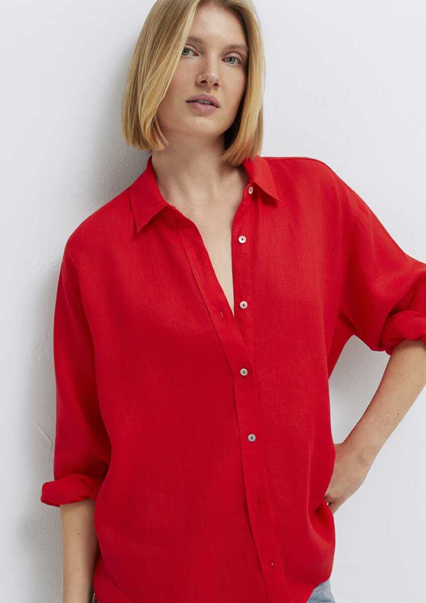 Mavi Kırmızı Loose Fit Kadın Keten Gömlek 1210747-70474 - 1