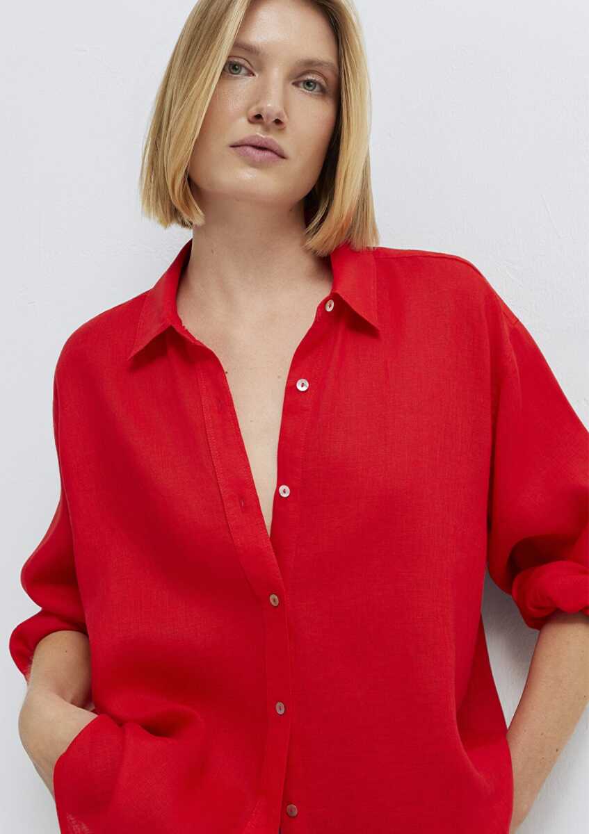 Mavi Kırmızı Loose Fit Kadın Keten Gömlek 1210747-70474 - 2