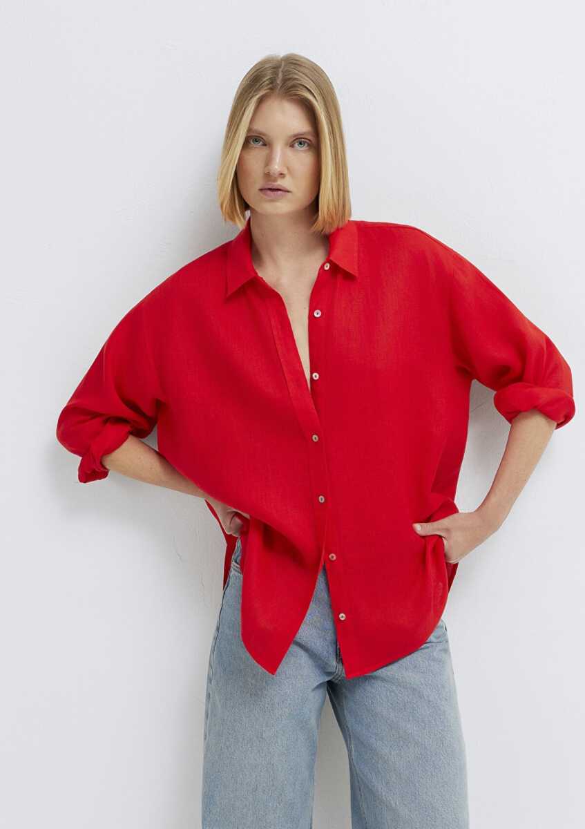 Mavi Kırmızı Loose Fit Kadın Keten Gömlek 1210747-70474 - 3