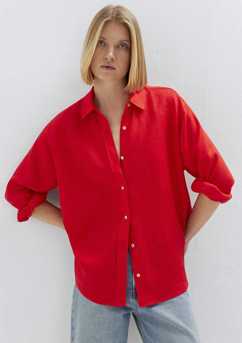 Mavi Kırmızı Loose Fit Kadın Keten Gömlek 1210747-70474 - 4