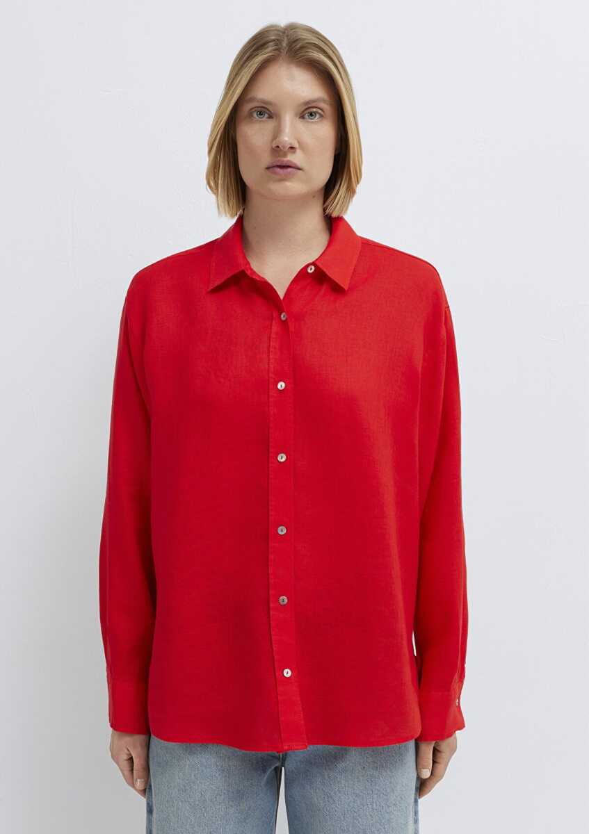 Mavi Kırmızı Loose Fit Kadın Keten Gömlek 1210747-70474 - 5