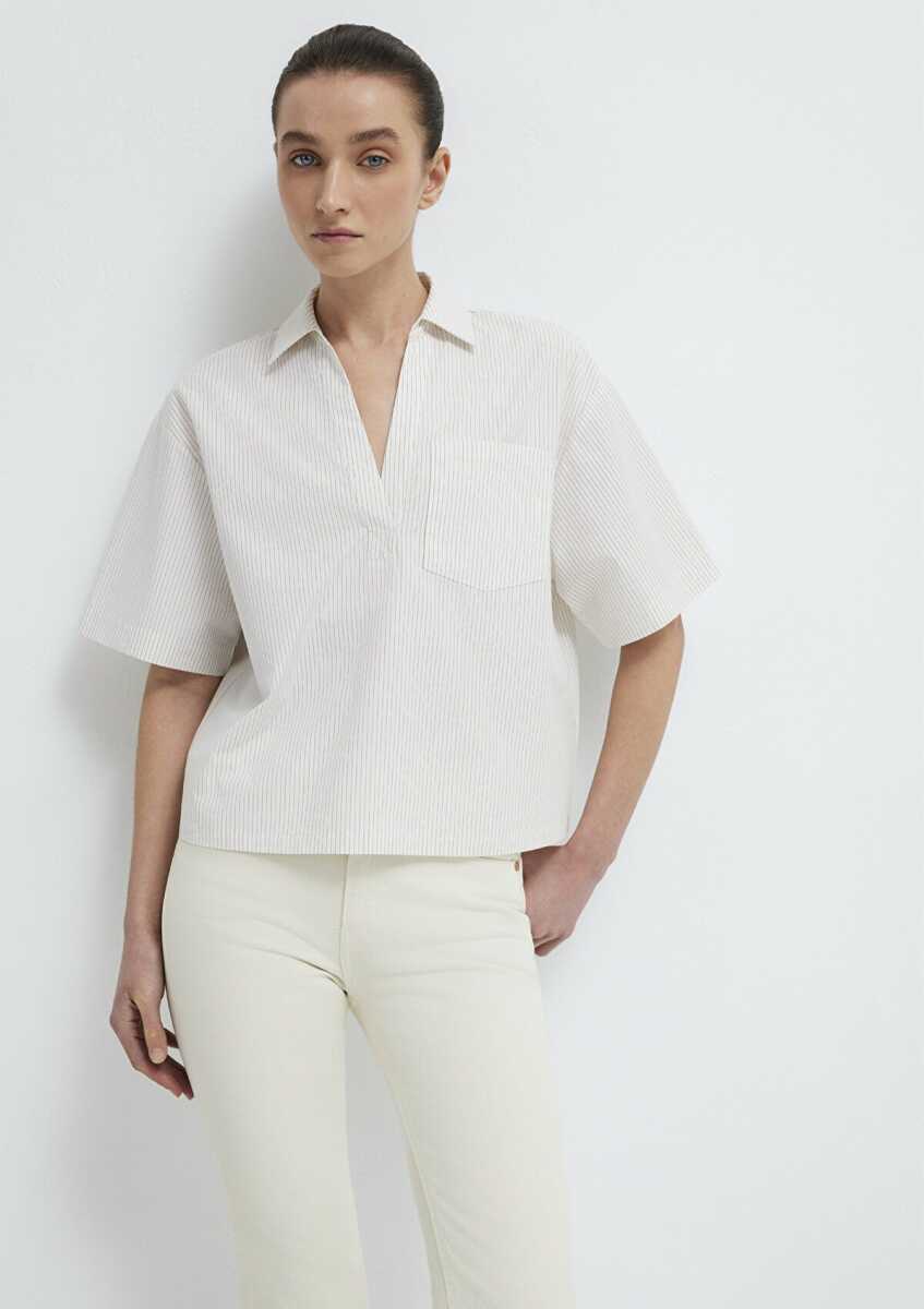 Mavi Kısa Kollu Cepli Ekru Loose Fit Kadın Bluz 1211377-82759