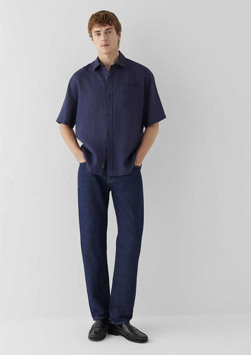 Mavi Kısa Kollu Lacivert Keten Loose Fit Erkek Gömlek 0211966-86623