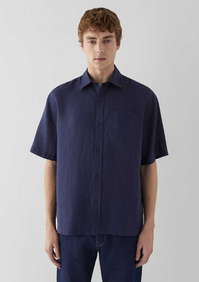 Mavi Kısa Kollu Lacivert Keten Loose Fit Erkek Gömlek 0211966-86623 - 3