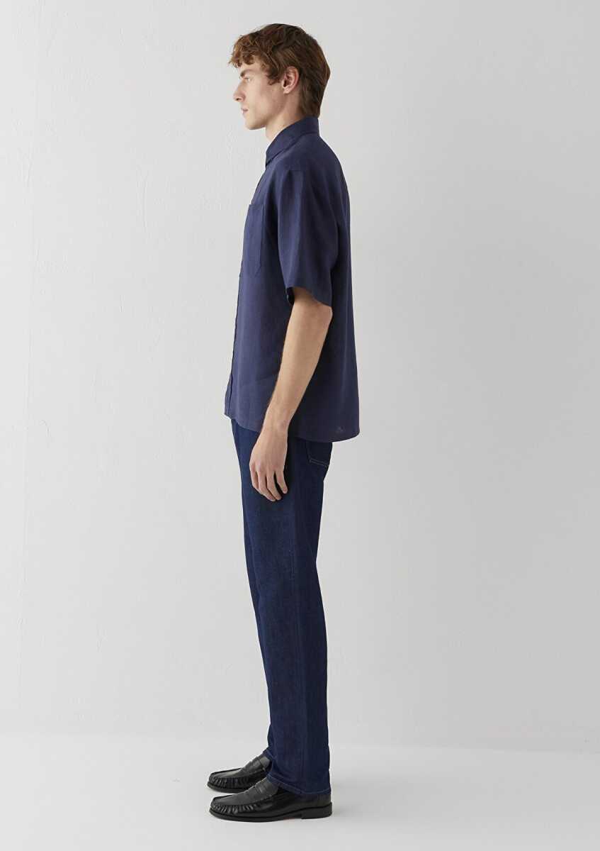 Mavi Kısa Kollu Lacivert Keten Loose Fit Erkek Gömlek 0211966-86623 - 4