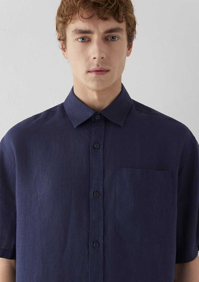 Mavi Kısa Kollu Lacivert Keten Loose Fit Erkek Gömlek 0211966-86623 - 6