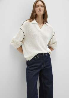 Mavi Kol Detaylı Bej Triko Oversize Polo Kadın Kazak 1710834-91338