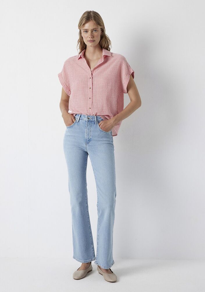 Mavi Kol Detaylı Çizgili Kırmızı Loose Fit Kadın Gömlek 1210445-90719 (1)