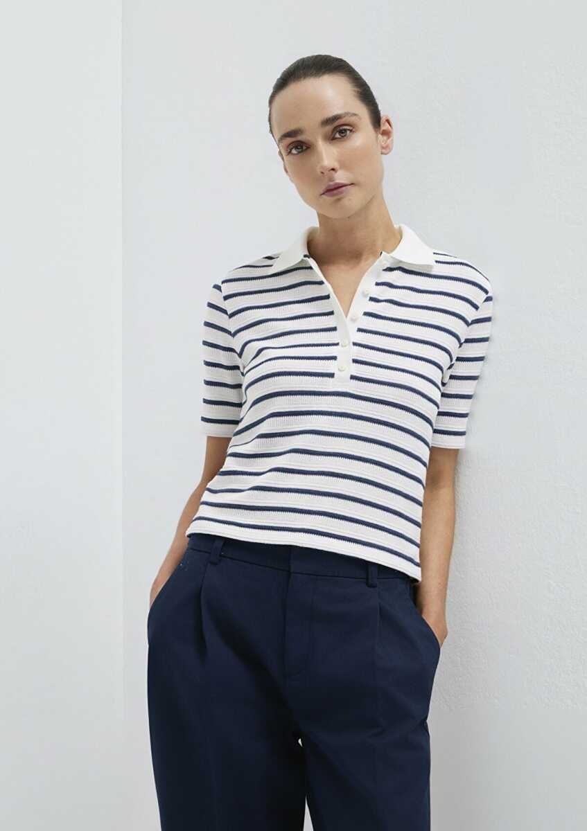 Mavi Lacivert Çizgi Dokulu Beyaz Kadın Polo Tişört 1613787-86625
