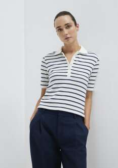 Mavi Lacivert Çizgi Dokulu Beyaz Kadın Polo Tişört 1613787-86625 