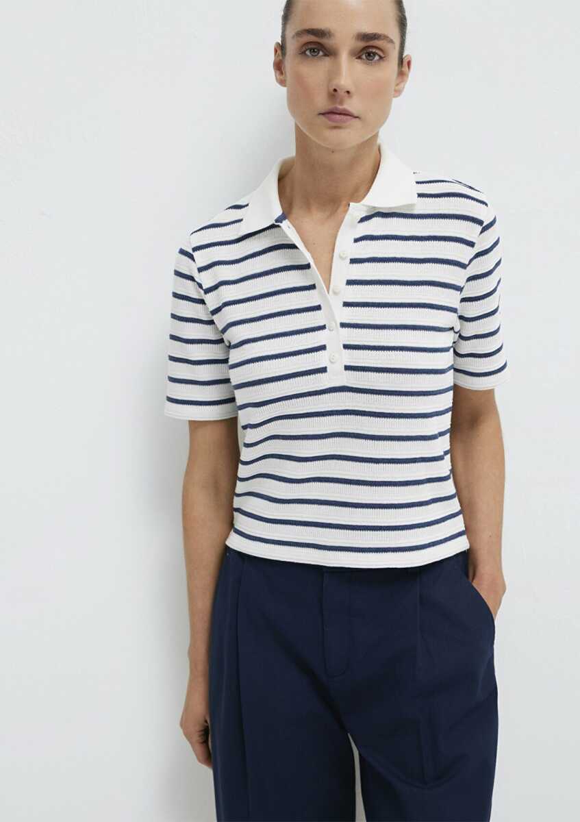 Mavi Lacivert Çizgi Dokulu Beyaz Kadın Polo Tişört 1613787-86625 (1)