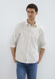 Mavi Lacivert Çizgili Keten Karışımlı Regular Fit Erkek Gömlek 0211380-86415 