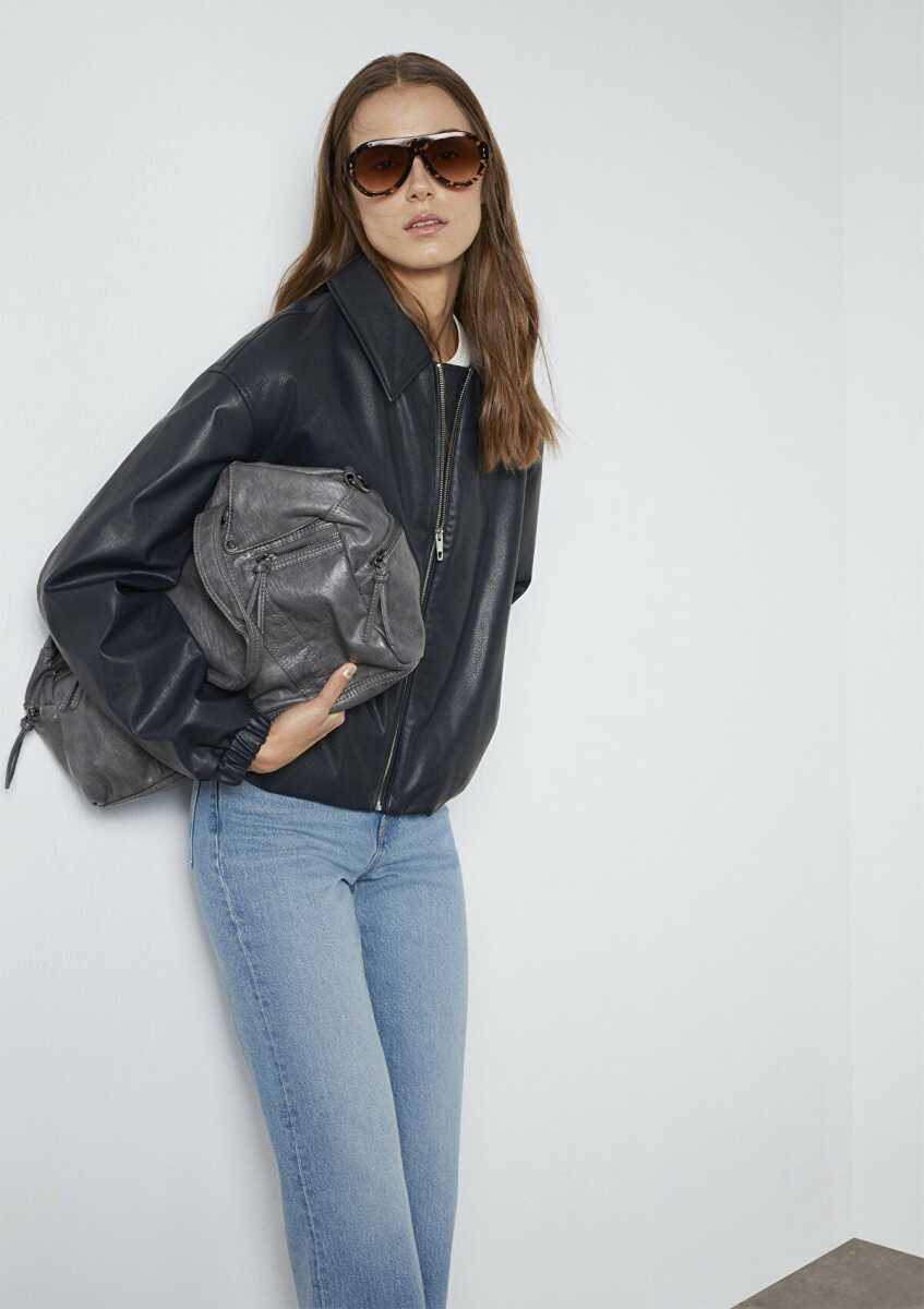 Mavi Lacivert Oversize Suni Deri Kadın Ceket 1110614-90372 - Mavi (1)