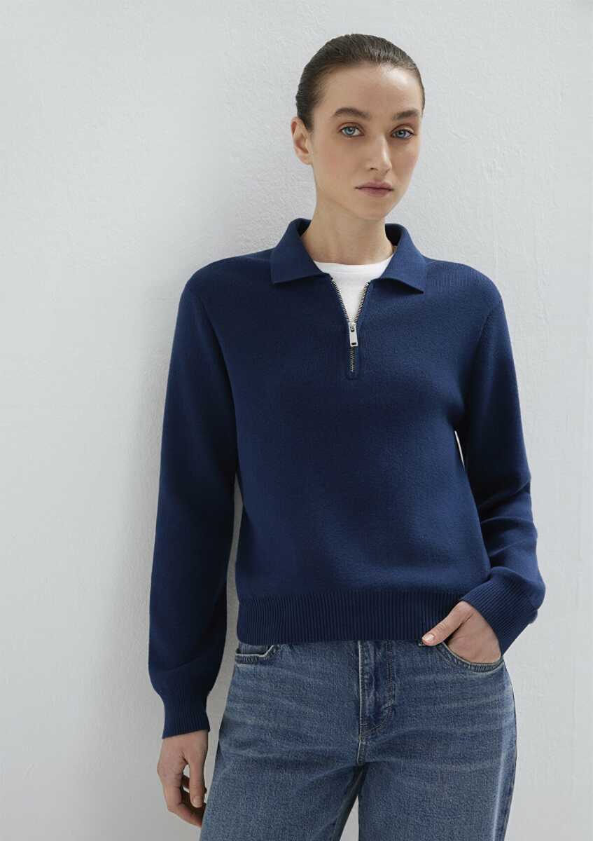 Mavi Lacivert Yarı Fermuarlı Kadın Triko Polo 1710842-70497 (1)
