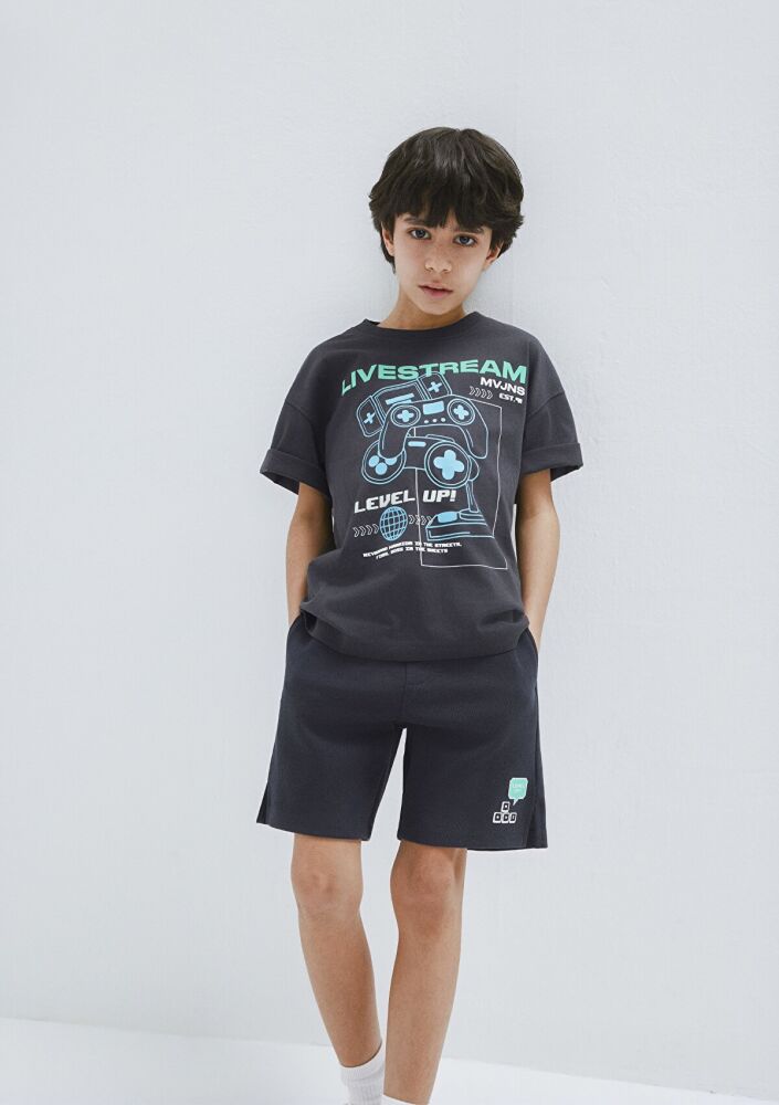 Mavi Level Up Baskılı Antrasit Oversize Çocuk Tişört 6610419-70087