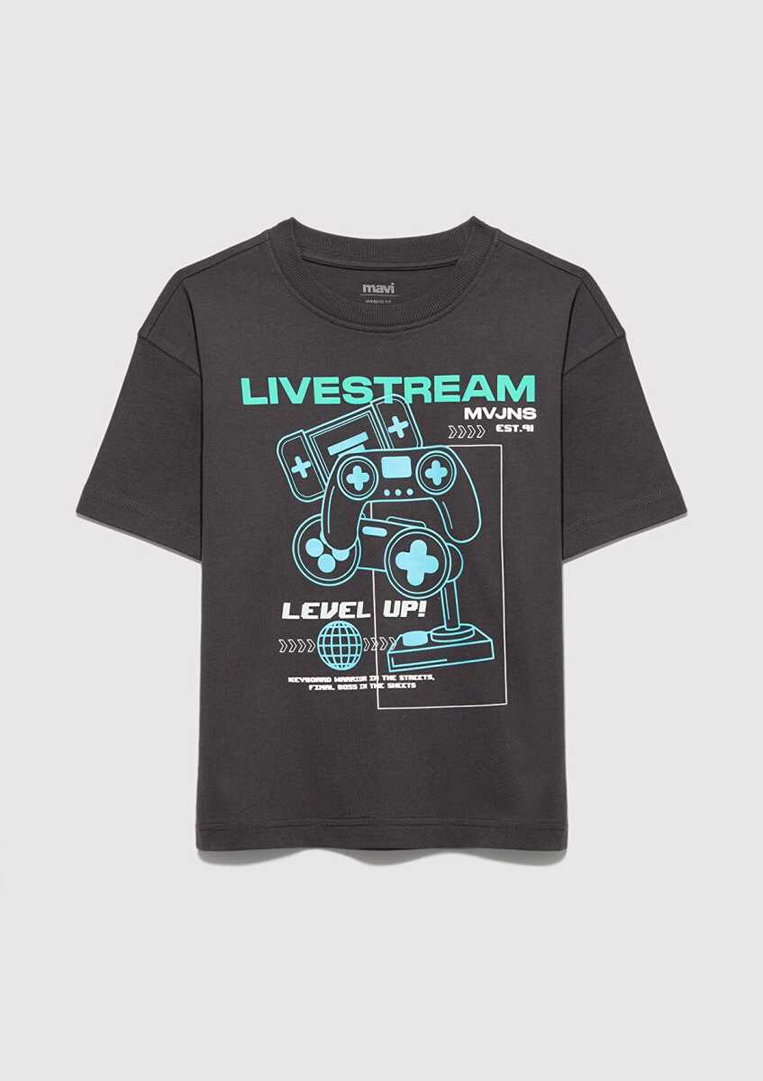 Mavi Level Up Baskılı Antrasit Oversize Çocuk Tişört 6610419-70087 (1)
