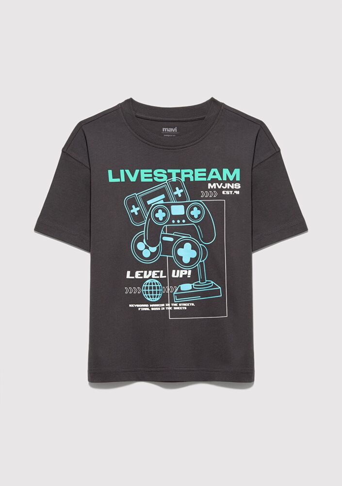 Mavi Level Up Baskılı Antrasit Oversize Çocuk Tişört 6610419-70087 (1)