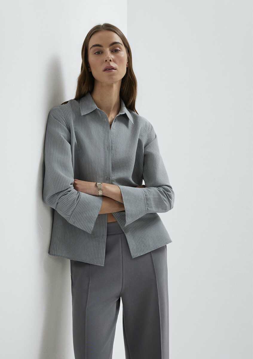 Mavi Liyosel Karışımlı Çizgili Tencel Regular Fit Kadın  Gömlek 1211374-88069
