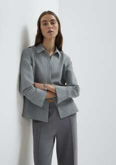 Mavi Liyosel Karışımlı Çizgili Tencel Regular Fit Kadın  Gömlek 1211374-88069 