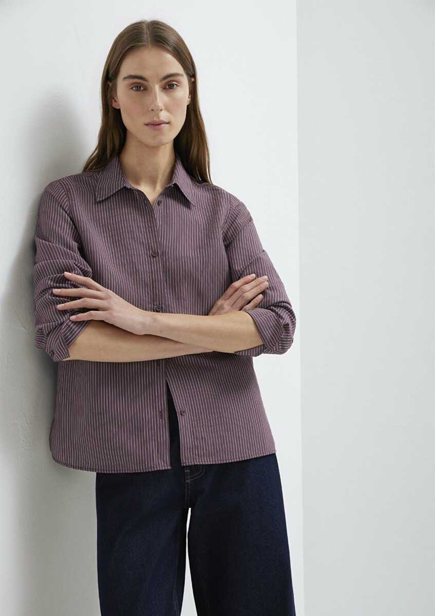 Mavi Liyosel Karışımlı Çizgili Tencel Regular Fit Kadın Gömlek 1211374-91569