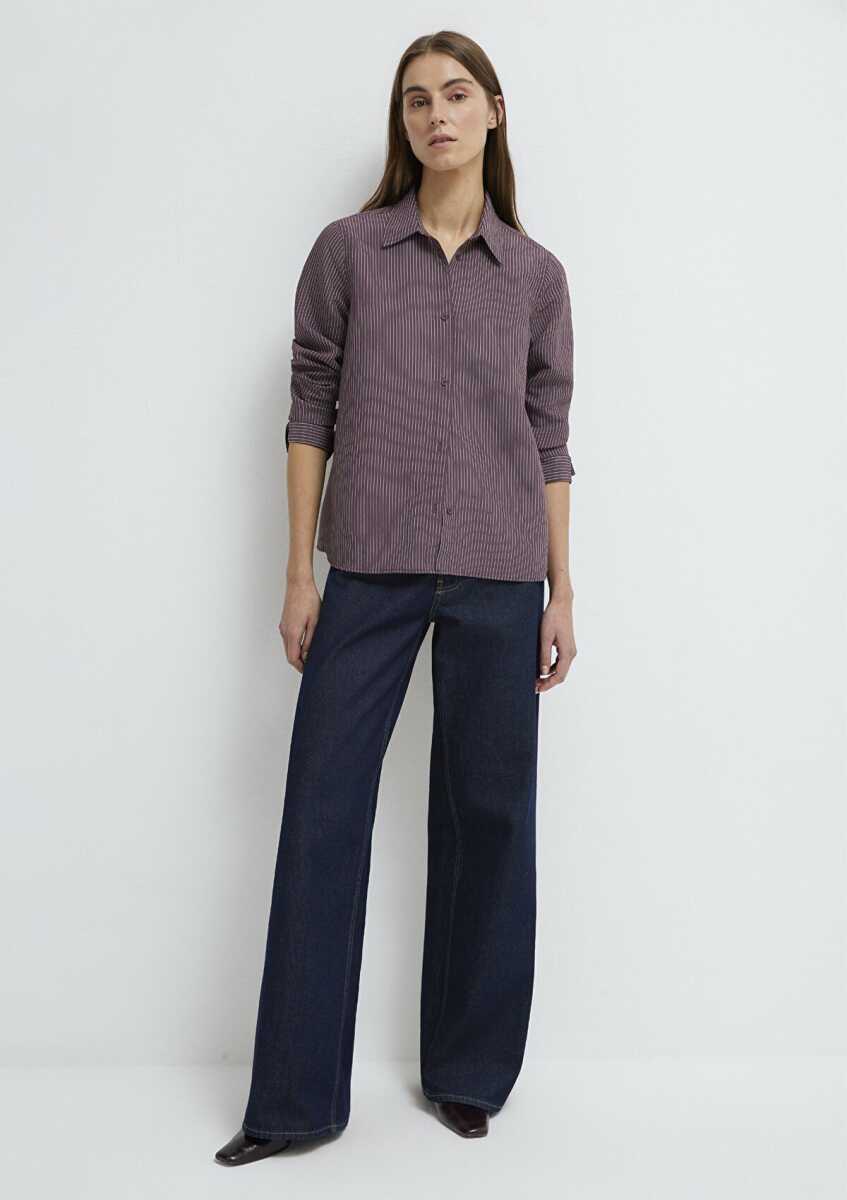 Mavi Liyosel Karışımlı Çizgili Tencel Regular Fit Kadın Gömlek 1211374-91569 (1)