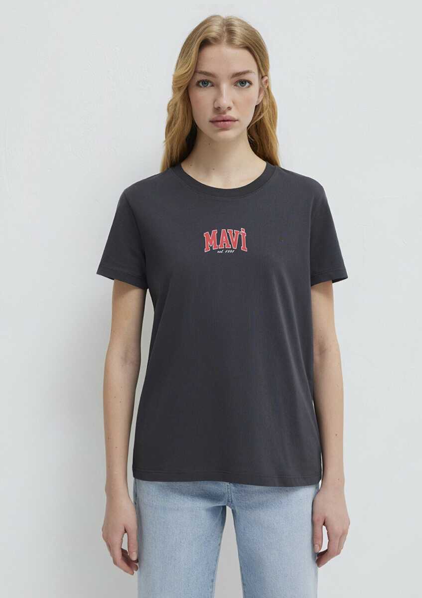 Mavi Logo Baskılı Antrasit Regular Fit Kadın Tişört 1613412-70087 - 3