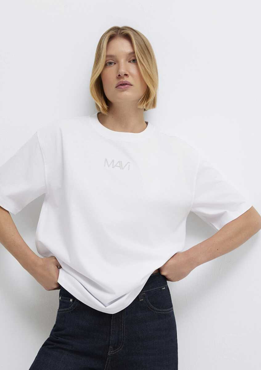 Mavi Logo Baskılı Beyaz Loose Fit Kadın Tişört 1613884-620 - 1