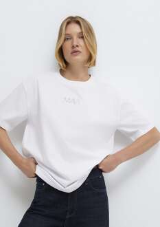Mavi Logo Baskılı Beyaz Loose Fit Kadın Tişört 1613884-620